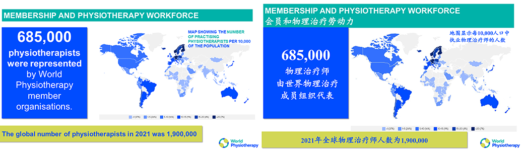 Slide webinar dalam bahasa Inggris dan Cina, menunjukkan tenaga kerja fisioterapi global