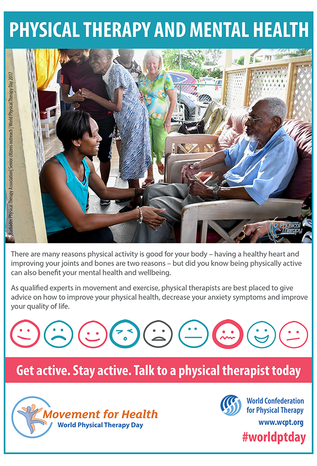 Gambar mini poster Hari PT Sedunia 2018: terapi fisik dan kesehatan mental dalam bahasa Inggris
