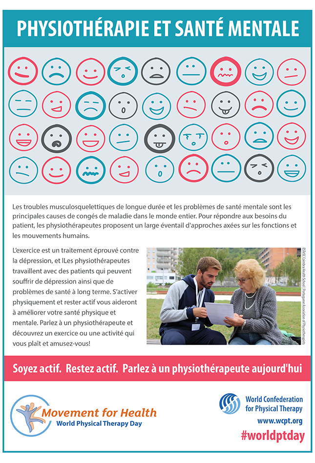Gambar mini poster Hari PT Sedunia 2018: terapi fisik dan kesehatan mental dalam bahasa Prancis