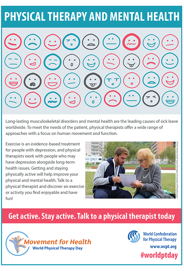 Gambar mini poster Hari PT Sedunia 2018: terapi fisik dan kesehatan mental dalam bahasa Inggris