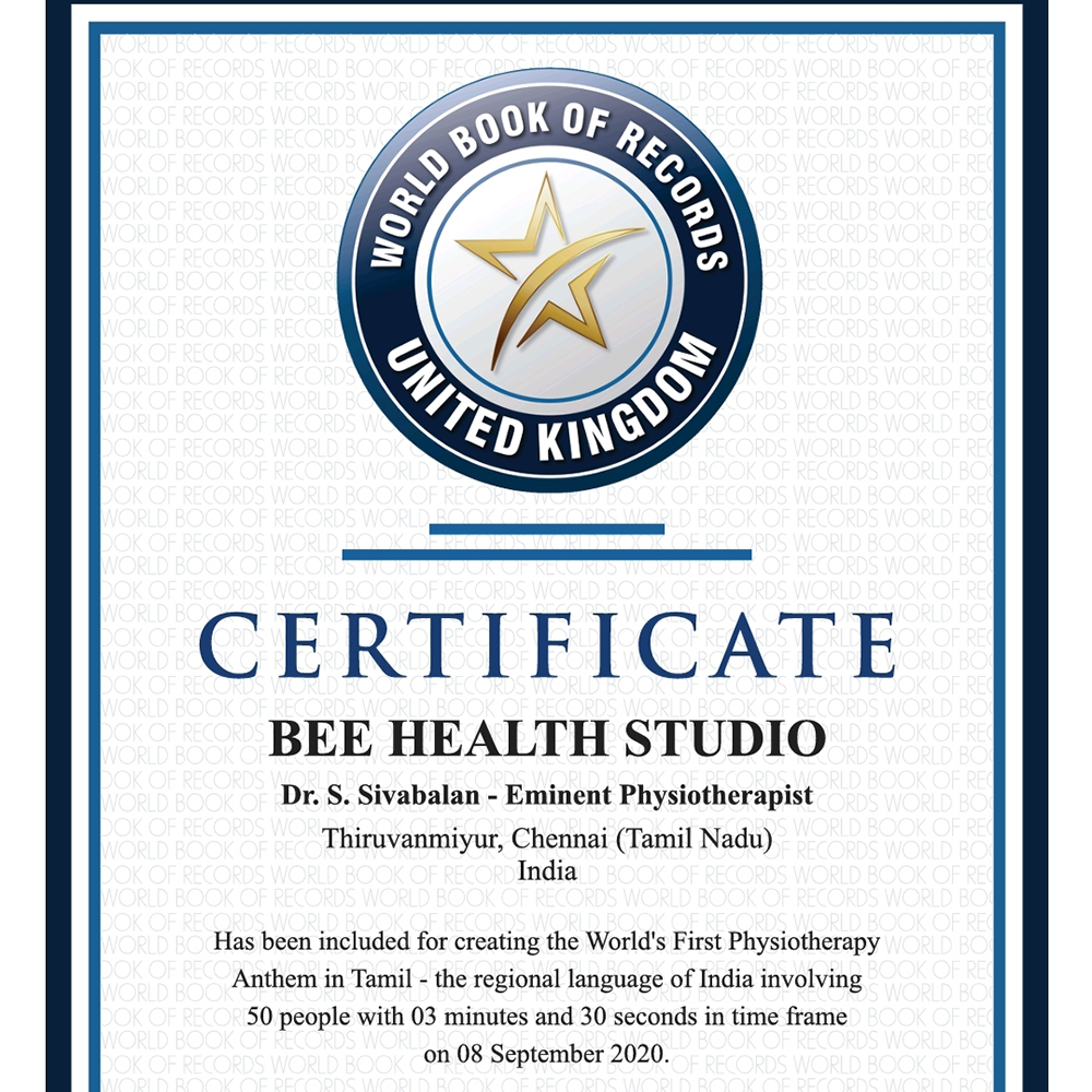 Imagen del certificado de BEE Health Studio para el himno de fisioterapia lanzado para el Día Mundial del PT 2020
