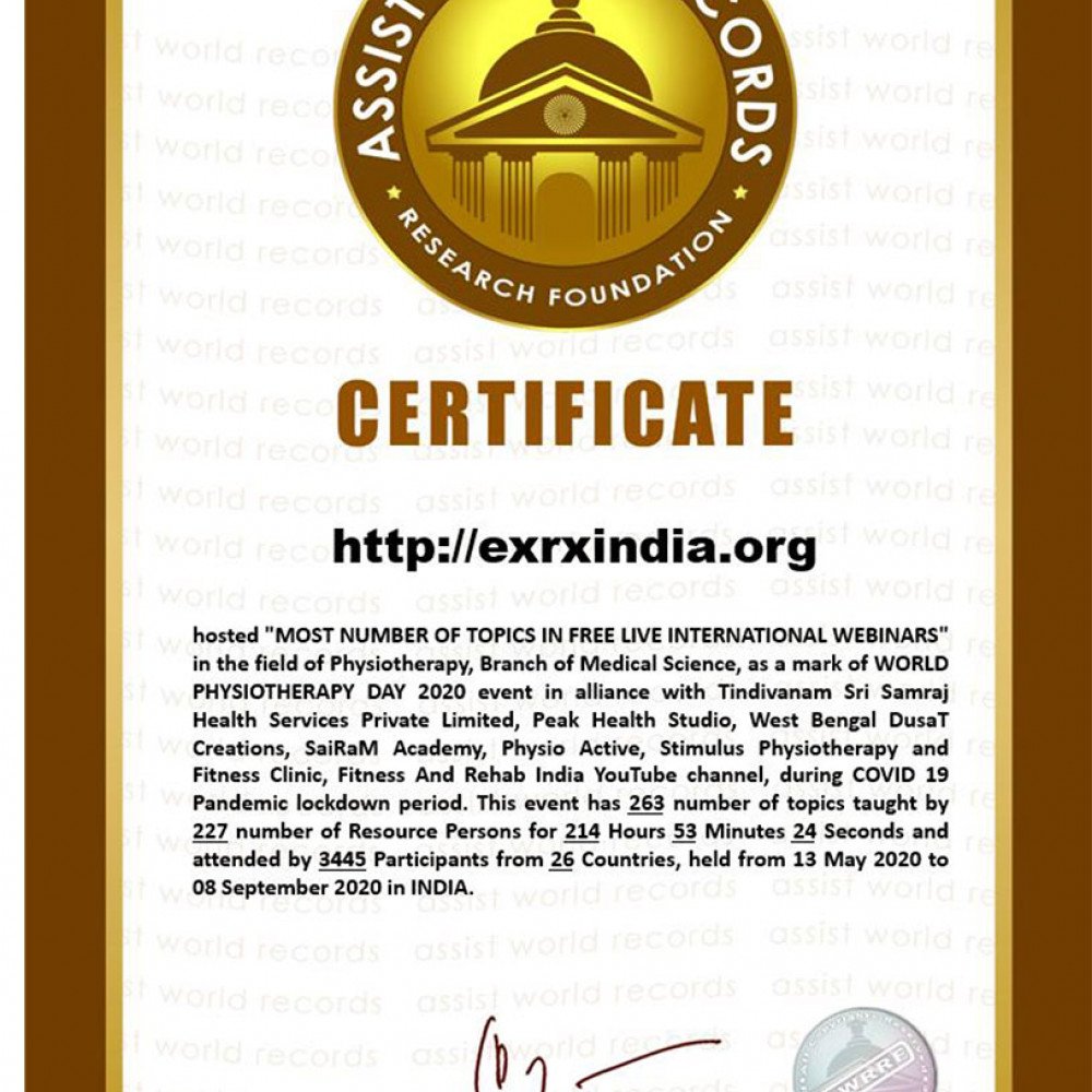 Bild des Zertifikats, das der indischen Vereinigung der Physiotherapeuten (IAP) für den Welt-PT-Tag 2020 verliehen wurde