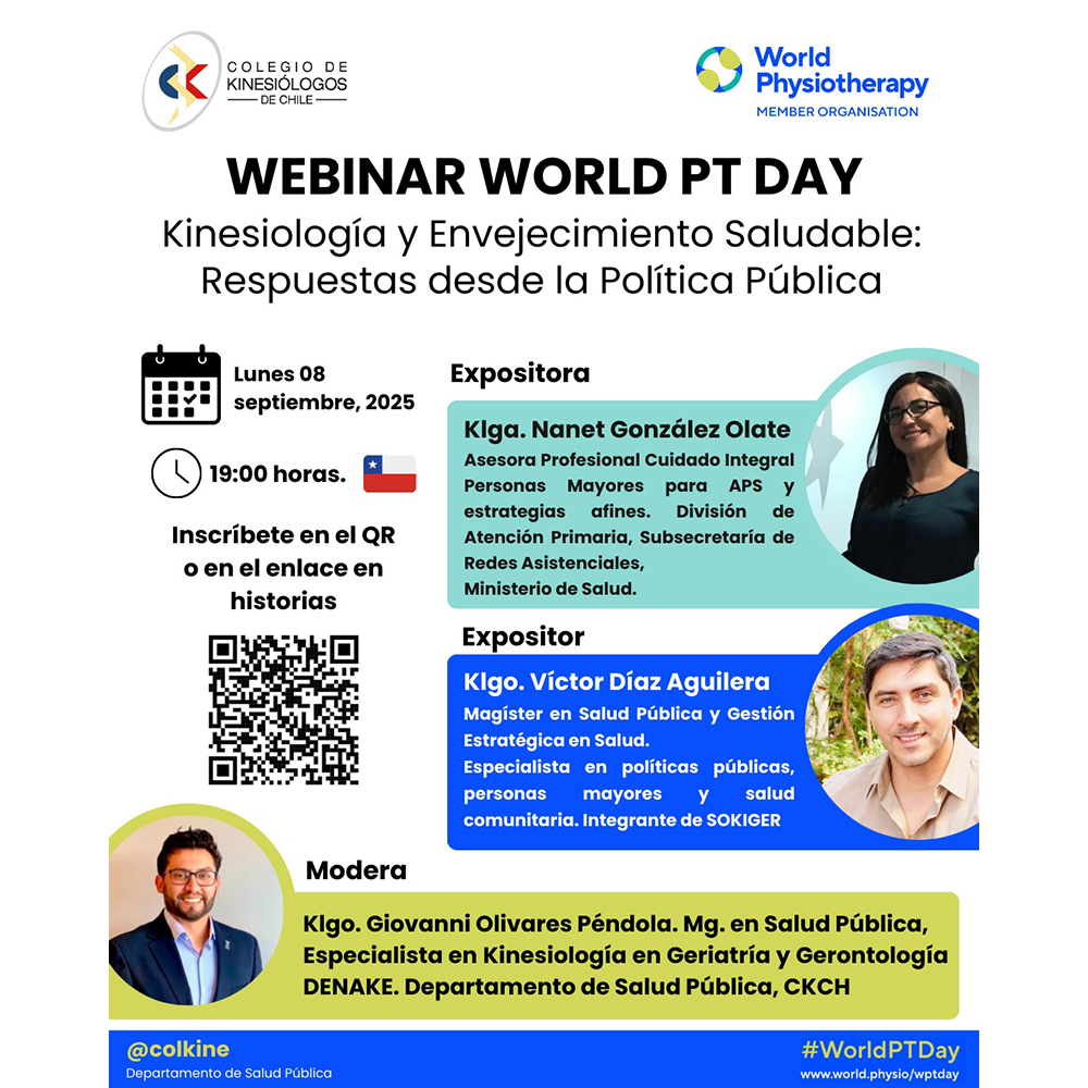 Poster promoting World PT Day 2025 webinar held by College of Physiotherapists of Chile