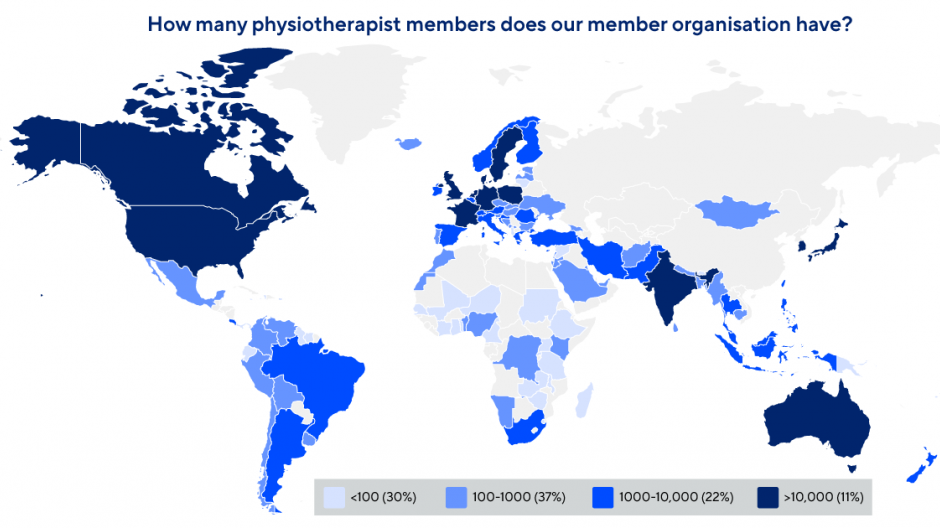 Mapa mundial que muestra las asociaciones nacionales de fisioterapia