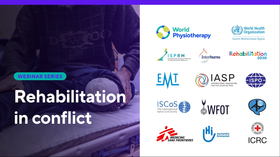 Graphic that has a variety of partner logos on right hand side and the words "webinar series - rehabilitation in conflict" on the left.