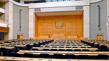 Foto della sala dove si riunisce l'Assemblea Mondiale della Sanità